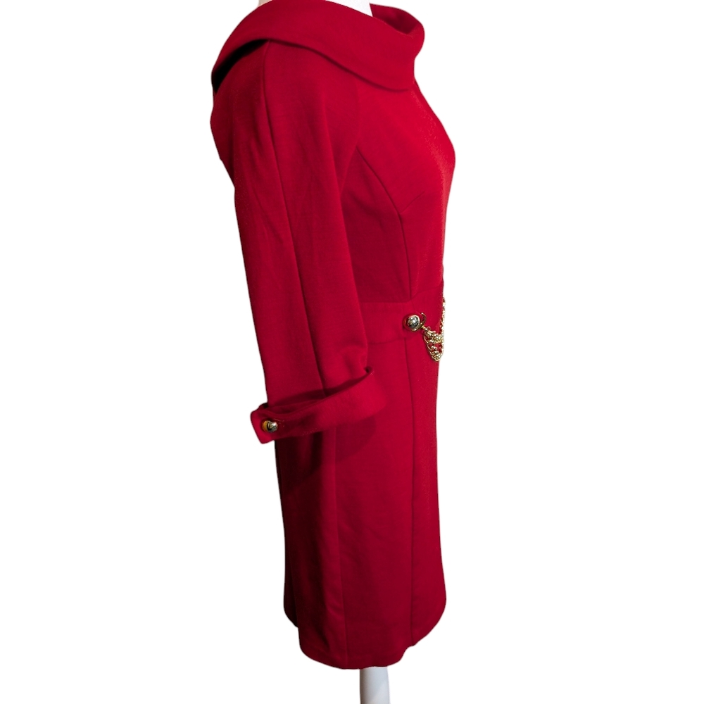 Milly NY Red Wool Sheath Dress Gold Chain Belt Sz M Old Money Classic USA - Picture 4 of 10